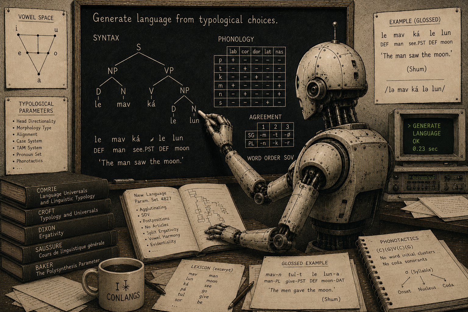 A robot at a blackboard, generating a language from typological parameters.